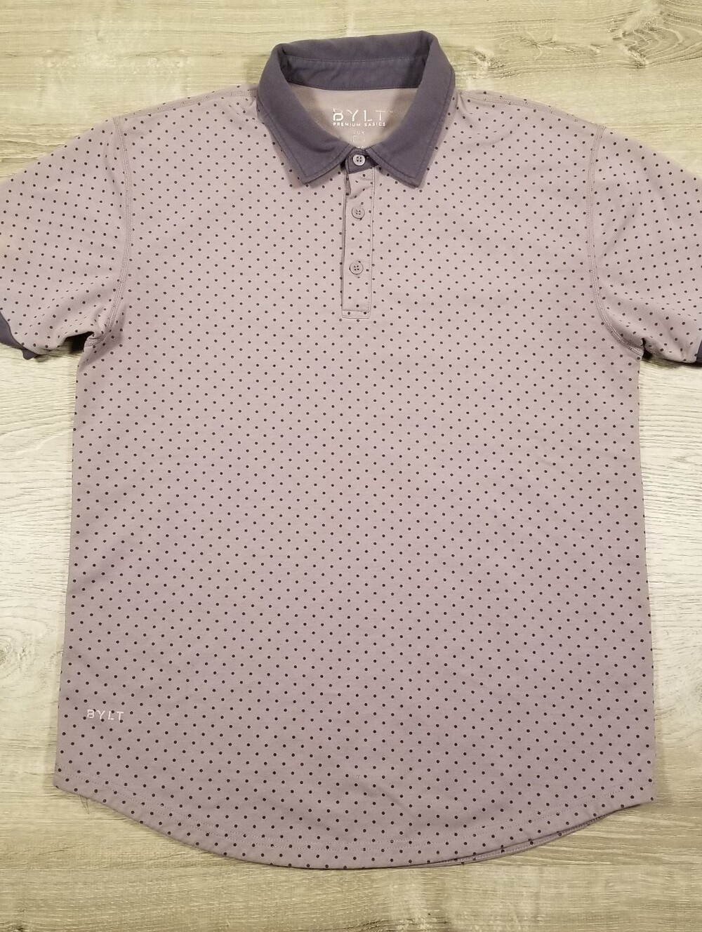 BYLT Premium Basics Drop Cut Lux Polo Shirt Men's Medium Purple Polka Dot Golf